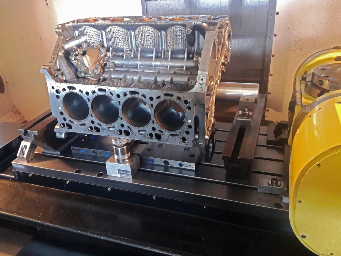 Engine block set up on a CNC machining centre