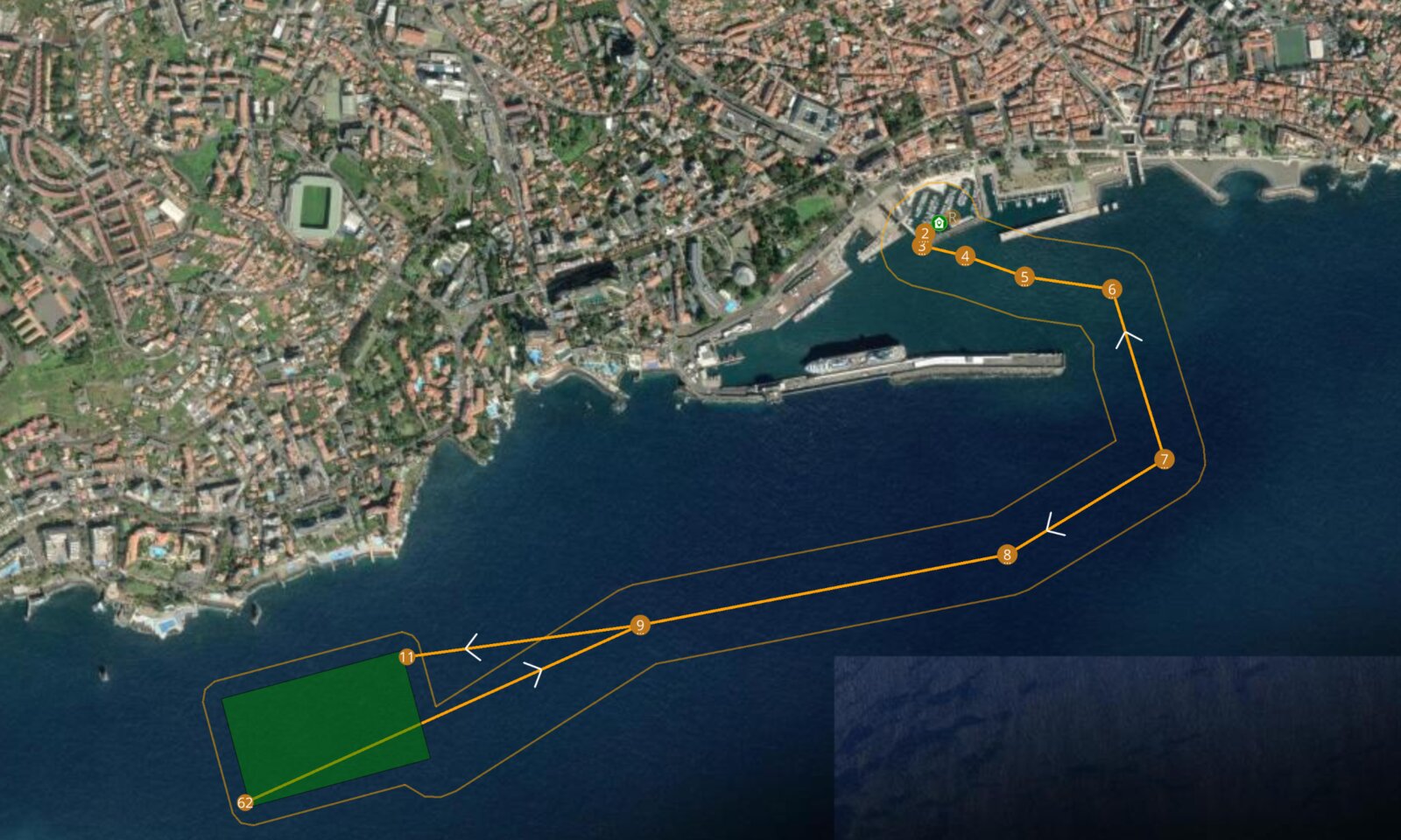 Ground-control software showing a survey mission off Funchal, Madeira: a route from the marina past the cruise berth to a survey area offshore