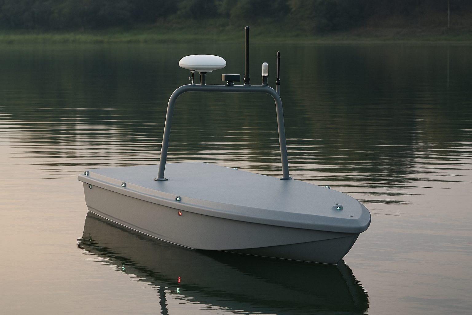 Illustrative render of a small grey unmanned surface vessel with an antenna mast on a calm lake