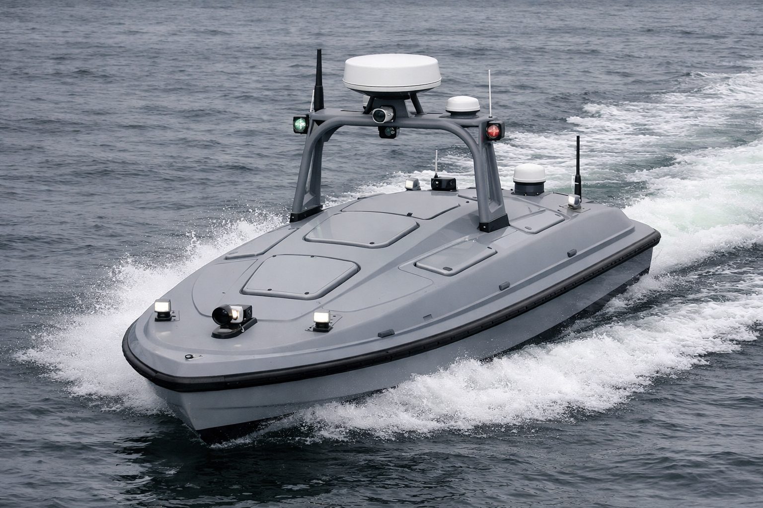 Illustrative render of a coastal unmanned surface vessel under way, with a radar dome and sensor mast