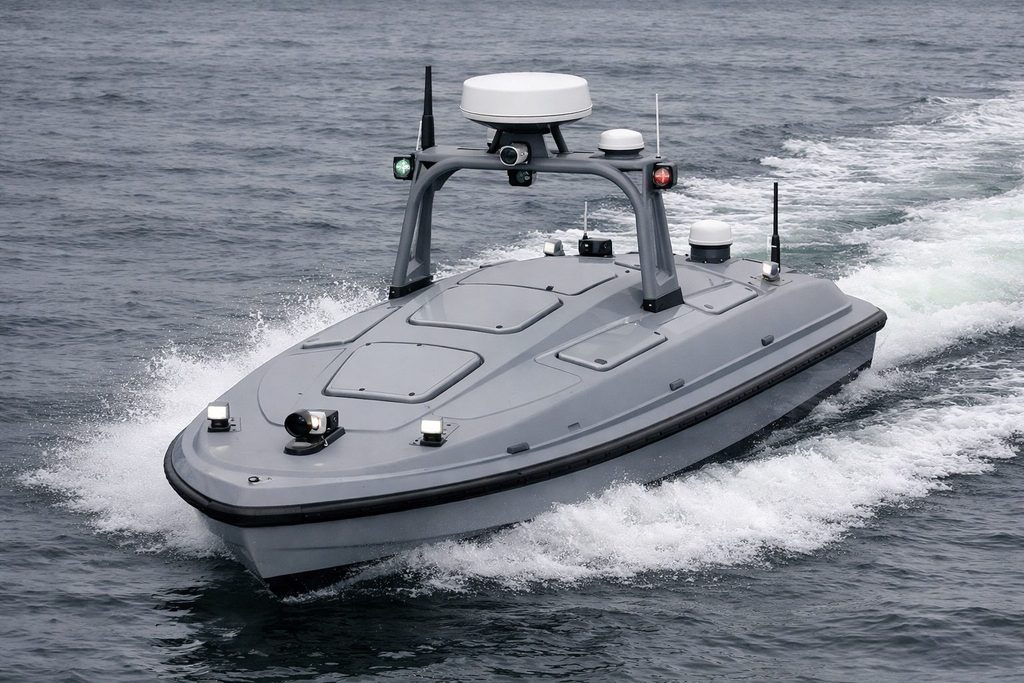 Sula 5, a grey coastal unmanned surface vessel under way, with a radar dome and sensor mast