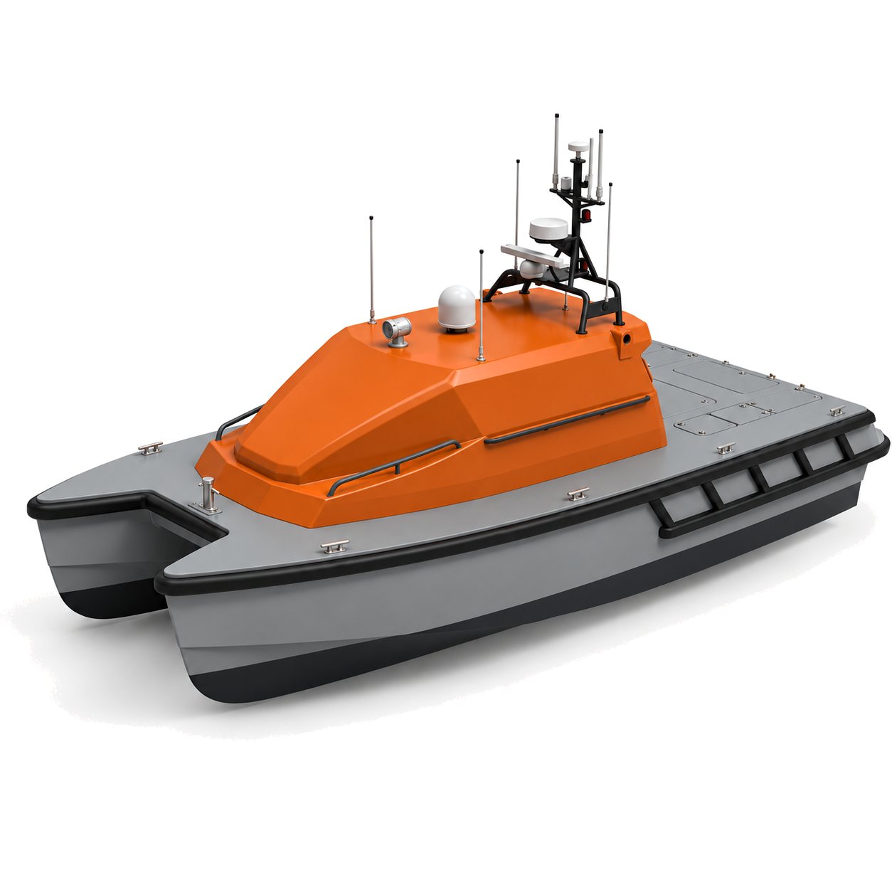 Sula 8, a grey 7.8 m catamaran with an orange cabin and antenna mast, seen from the bow quarter