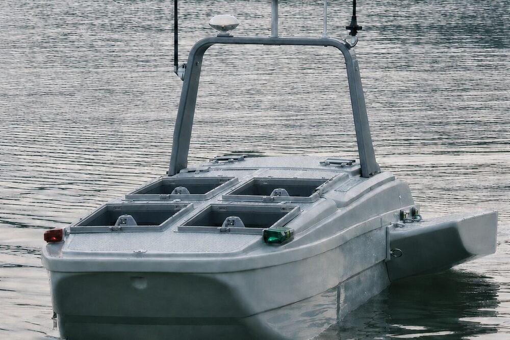 Illustrative render of an unmanned surface vessel on calm water
